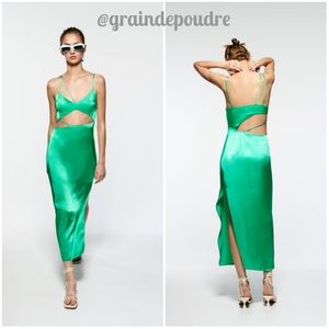 Rare! Zara Kelly Green Satin Effect Cut Out Asymmetrical Long Dress XS